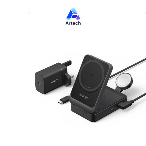 Anker MagGo Wireless Charging Station (15W, Foldable 3-in-1) Cable and Charger Bundle