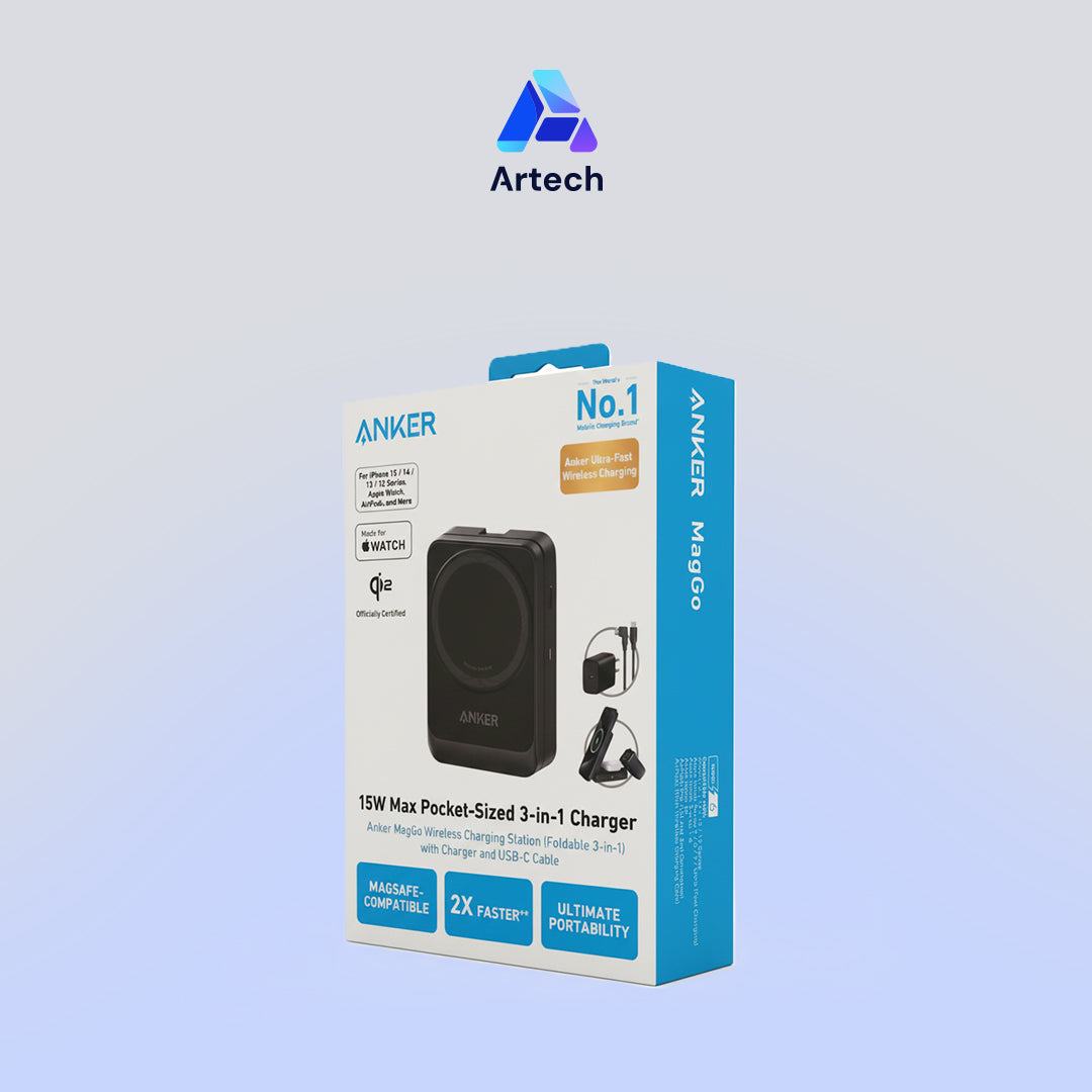 Anker MagGo Wireless Charging Station  (15W, Foldable 3-in-1) Cable and Charger Bundle