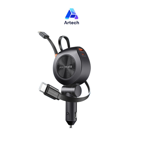 Promate 88W Multi-Port Car Charger with Dual Retractable Cables