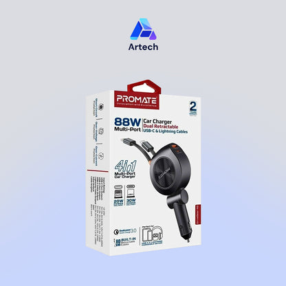 Promate 88W Multi-Port Car Charger with Dual Retractable Cables
