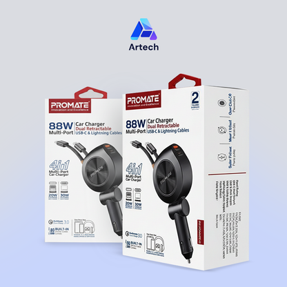 Promate 88W Multi-Port Car Charger with Dual Retractable Cables